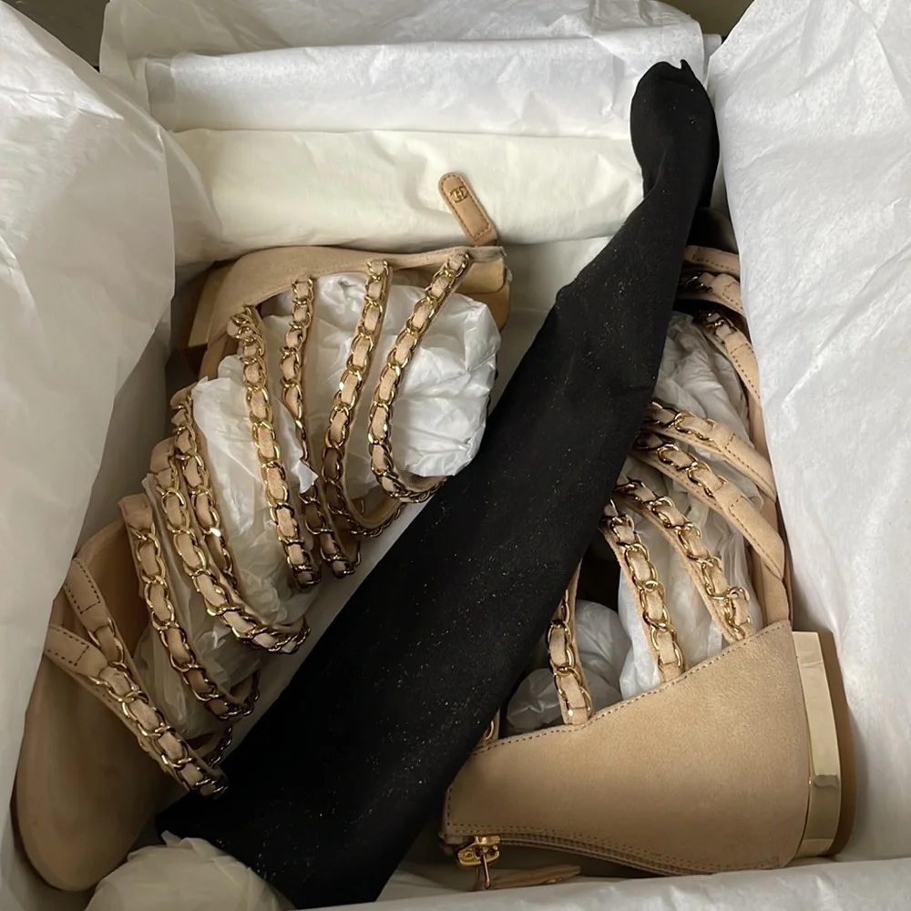 Chanel kid suede beige flat chain gold sandal RARE sz 38 $1750